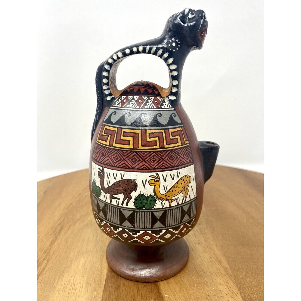 Vintage Cusco Peru Art Pottery Chicha Jug Pitcher Painted Jaguar Llamas 7.5 Inch